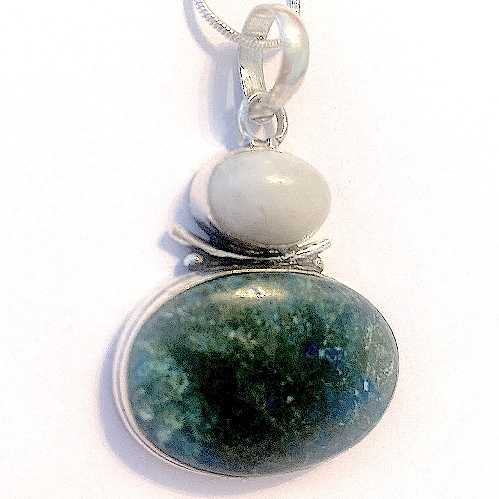 1 1/2 inch, Chrysocolla and Rainbow moonstone pendant - Picture 2 of 6